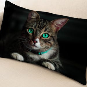 Cat Printed Pillow, Black Cushion, Green Eyed Cat Cushion Cover, Animal Printed Pillow, Unique Cushion Cover, Pillow Cover,