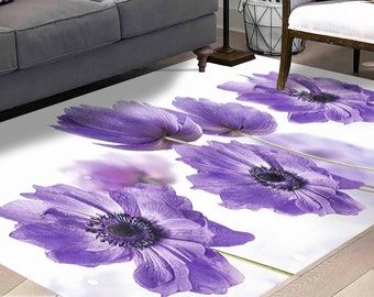 Purple Flower Rug: Easy Clean Botanical Accent Rug
