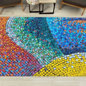 Colorful Mosaic Rug, Printed Modern Carpet, Non Slip Area Rug, Washable Vibrant Rug, Abstract Art Floor Mat, Custom Size Home Decor