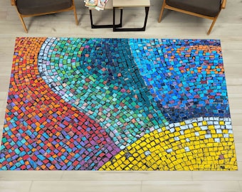Colorful Mosaic Rug, Printed Modern Carpet, Non Slip Area Rug, Washable Vibrant Rug, Abstract Art Floor Mat, Custom Size Home Decor
