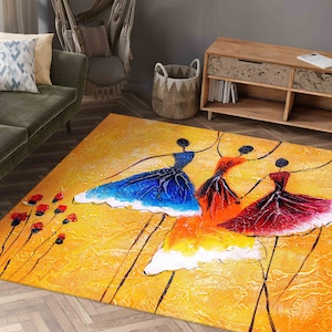 Schildertapijt drie ballerina&#39;s: geel decor moderne kunst