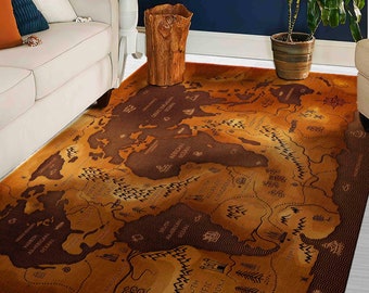 May include: A brown and tan rug with a map of the world printed on it. The map is in a vintage style with brown lines and text.