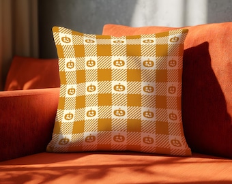 Sierkussen Halloween pompoen geruit – oranje geruite kussenhoes, herfst herfst decoratief kussen voor bank en thuis