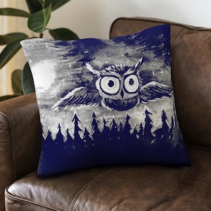 Federa per cuscino con animali, federa per cuscino con paesaggio di pini, cuscino stampato con dipinto di gufo blu navy, cuscino con luna piena, cuscino di design,