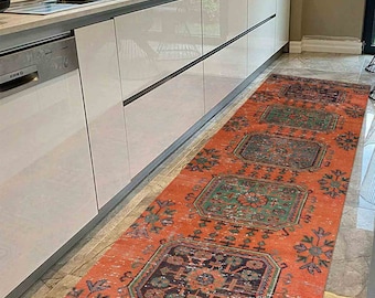 Orange Turkish Hallway Rug: Colorful Oriental Entry Rug