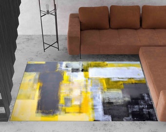 Yellow and Gray Abstract Rug: Modern Non-Slip Carpet