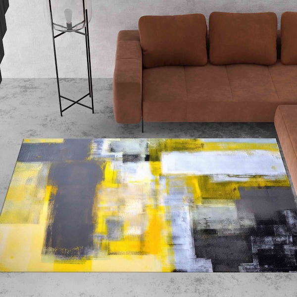 Yellow And Gray Rugs, Contemporary Rug, Gray Rug, Modern Rug, Gift For Her, Front Door Rug, Personalized Rug, Non-Slip Carpet, Salon Rug,