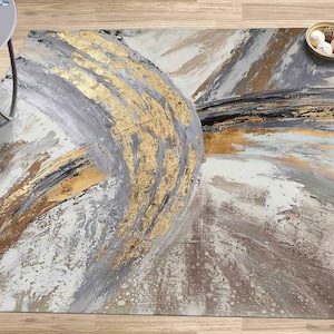 Modern Abstract Rug, Gold Grey Printed Rug, Luxury Brushstroke Art Rug, Contemporary Accent Rug, Elegant Living Room Rug