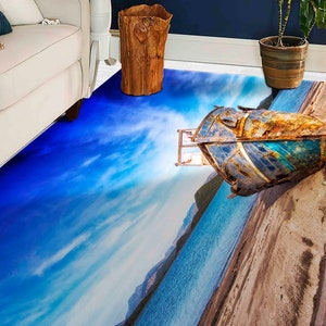 Oude boot op het strand tapijten, zeelandschaptapijt, boottapijt, liggend tapijt, cool tapijt, trapkleed, vloerkleed, 3D-geprint tapijt, groot tapijt,