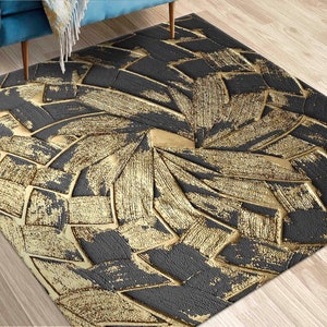 Black And Gold Painting Rug, Trendy Rug, Modern Abstract Rug, Modern Rug, Gift For The Home, Thin Rug, Bath Rug, Outdoor Rug, Kitchen Rug,