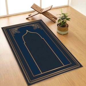 Navy Blue Prayer Rug, Gold Prayer Rug, Religious Rug, Muslim Rug, Gift Rug, Islamic Rug, Spiritual Rug, Machine Washable Rug, Popular Rug,