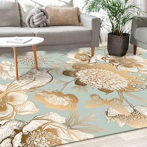 Living Room Rug, Gift Rug, Salon Rug, Non Slip Rug, Golden Bird and Flowers Rug, Gold Rugs, Flower Rug, Non Slip Rug, Office Rug, Luxury Rug
