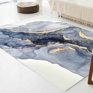 Blue Marble Rug, Yellow Marble Rug, Shimmery Rug, Modern Marble Rug, Abstract Marble Rug, Luxury Marble Rug, Small Rug, Gift For The Home,