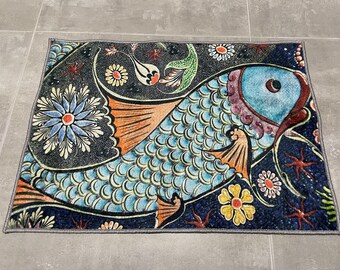 Bridesmaid Gift, Salon Decor Rug, Home Decor Rug, Anti-Slip Carpet, Mosaic Fish Effect Rug, Abstract Fish Rug, Animal Rugs, Fashion Rug,