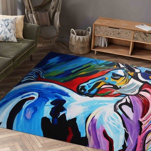 Blue Rug, Easy to Clean Rug, Hallway Rug, Personalized Gifts, Colorful Rug, Abstract Horse Rug, Animal Rugs, Round Rug, Personalized Rug,