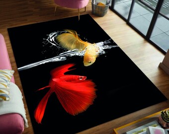 Fish Rug, Siamese Fighting Fish Rugs, Red and Yellow Fish Rugs, Animal Rug, Bath Rug, 3D Printeds Rug, Hallway Rug, 3D Printed Rug,