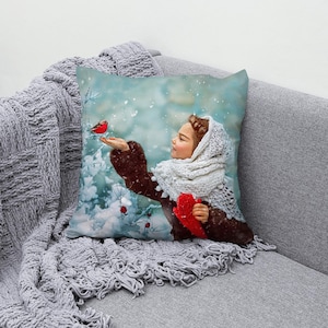 Funda de cojín con paisaje, cojín de niña, linda funda de almohada con niña sosteniendo un pájaro, regalos personalizados, linda funda de cojín para niña, regalo para el hogar,