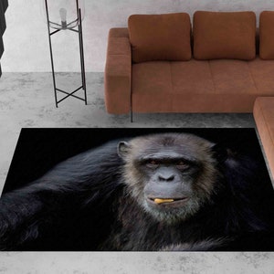 Small Rug, Personalized Rug, Salon Decor Rug, Non Slip Rug, Black Rugs, Chimpanzee Rugs, Animal Rug, 3D Printed Rug, Man Cave Rug,