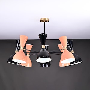 Mid Century Modern 16-Light Diabolo Chandelier – Brass Pendant Light, Industrial Enamel Painted, Customizable Colors & Sizes