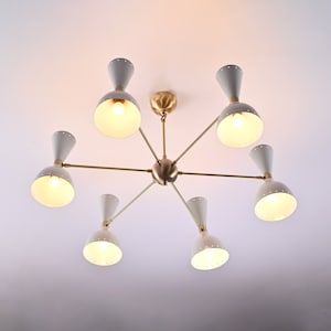 Modern Stilnovo Style 6 Arms 12 Lights Diabolo Style Ceiling Chandelier White Brass Lamp Elegant Italian Pendant Mid Century Brass Sputnik