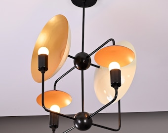 Mid Century Modern Brass Chandelier – 4-Light Bowl Shade Ceiling Fixture
