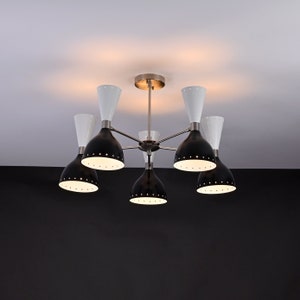Luminária pendente italiana elegante com 10 luzes, estilo Stilnovo moderno, latão de meados do século, Sputnik, pêssego, Diabolo
