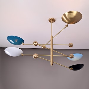 Orbital Brass Chandelier – Mid Century Modern 5 Light Ceiling Fixture with Enamel Shades – Customizable Dining Room Lighting