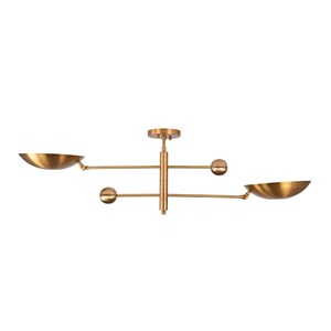 May include: A brass-toned ceiling light fixture with a minimalist design. The fixture features a central vertical post with horizontal arms extending outwards. Each arm has a spherical accent and a curved, bowl-shaped shade. The light is mounted on a white ceiling.