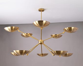 Modern Brass 10-Light Chandelier | Mid-Century Pendant Lighting