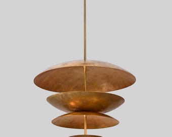 Fountain Disc Brass Chandelier 24&quot; Dia | Custom Industrial Pendant Light | Adjustable Ceiling Lamp Indirect Glow | Vintage Lighting 6 Light