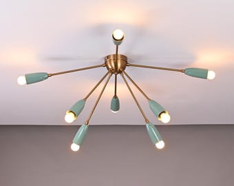 Mid Century Sputnik Chandelier: Mint Green & Brass 8-Light Ceiling Fixture