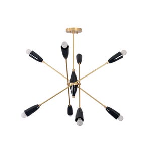 May include: A mid-century modern chandelier with a gold finish and black accents. The light fixture has multiple arms extending from a central hub, each with a black shade and a white bulb. The design is symmetrical and stylish.