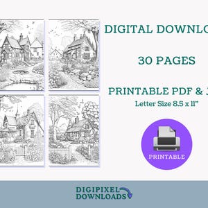 Puede incluir: Un conjunto de 30 p&aacute;ginas para colorear imprimibles con ilustraciones en blanco y negro de encantadoras casas de campo con jardines. Las p&aacute;ginas est&aacute;n dise&ntilde;adas para papel tama&ntilde;o carta, que mide 21,6 x 27,9 cm.