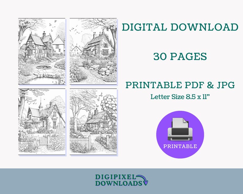 Puede incluir: Un conjunto de 30 p&aacute;ginas para colorear imprimibles con ilustraciones en blanco y negro de encantadoras casas de campo con jardines. Las p&aacute;ginas est&aacute;n dise&ntilde;adas para papel tama&ntilde;o carta, que mide 21,6 x 27,9 cm.