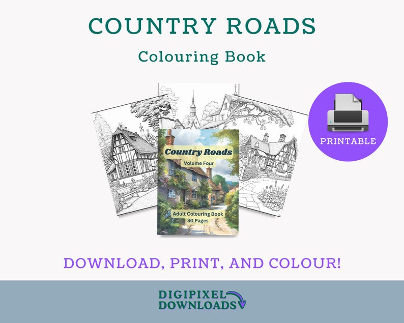 Puede incluir: Un libro para colorear imprimible en blanco y negro titulado "Country Roads, Volume Four" con una imagen de portada de una caba&ntilde;a pintoresca y un camino sinuoso. El libro contiene 30 p&aacute;ginas de dise&ntilde;os para colorear para adultos.