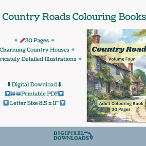 Puede incluir: Una descarga digital de un libro para colorear imprimible con encantadoras casas de campo. El libro se titula "Country Roads Volume Four" y tiene 30 p&aacute;ginas. La imagen de la portada muestra una pintoresca escena de un pueblo ingl&eacute;s con un camino sinuoso y casas coloridas.