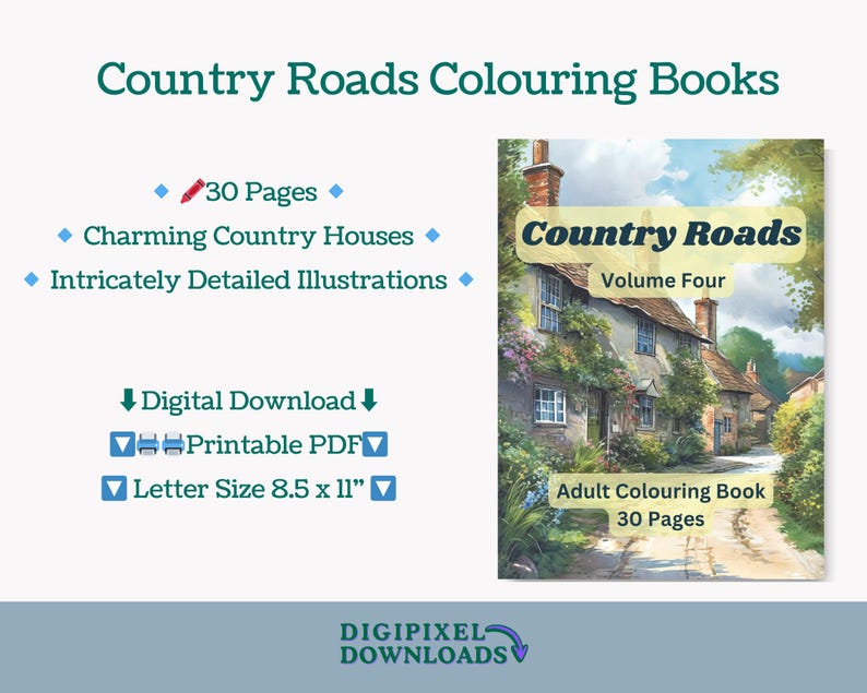 Puede incluir: Una descarga digital de un libro para colorear imprimible con encantadoras casas de campo. El libro se titula "Country Roads Volume Four" y tiene 30 p&aacute;ginas. La imagen de la portada muestra una pintoresca escena de un pueblo ingl&eacute;s con un camino sinuoso y casas coloridas.