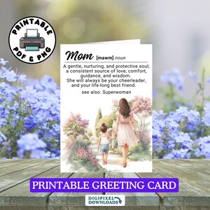 Afdrukbare wenskaart definitie 'Moeder' voor Moederdag, oprechte verjaardagskaart voor moeder, moeder en kind Tuinillustratie, digitaal