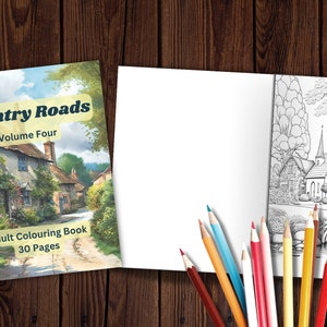 Puede incluir: Un libro para colorear titulado "Country Roads Volume Four: Adult Coloring Book 30 Pages" con una imagen de un pintoresco pueblo ingl&eacute;s en la portada. El libro est&aacute; abierto en una p&aacute;gina con una ilustraci&oacute;n en blanco y negro de una iglesia y un puente en un entorno rural.