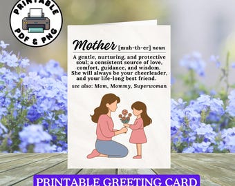 Carte imprimable pour maman avec définition de mère aimante, carte d'anniversaire pour maman, illustration mère et fille, téléchargement numérique, fête des mères