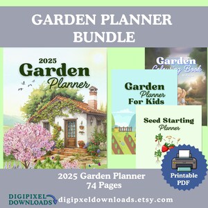 Pacote de planejador de jardim para impressão, planejador de jardim 2025, tamanho carta dos EUA, download digital em PDF com planejador de início de sementes, planejador de jardim para crianças