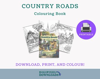 Libro para colorear imprimible de caminos rurales: 30 ilustraciones de casas de pueblo (descarga digital)