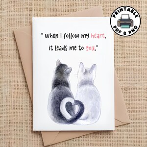 May include: A printable card with two cats sitting back to back. The cat on the left is gray and the cat on the right is white. Their tails form a heart shape. The card reads "when I follow my heart, it leads me to you."