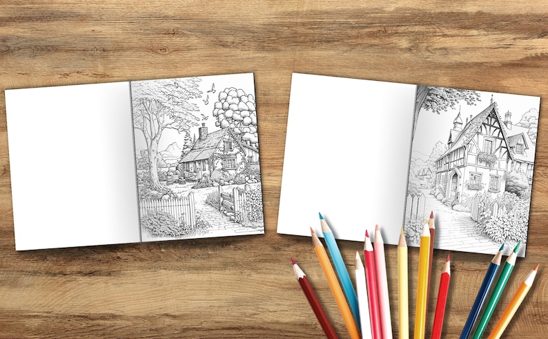 Puede incluir: Dos libros de colorear abiertos con ilustraciones en blanco y negro de casas. La primera p&aacute;gina muestra una peque&ntilde;a caba&ntilde;a con una valla y un &aacute;rbol. La segunda p&aacute;gina muestra una casa m&aacute;s grande con un dise&ntilde;o m&aacute;s elaborado. Hay l&aacute;pices de colores sobre una superficie de madera.