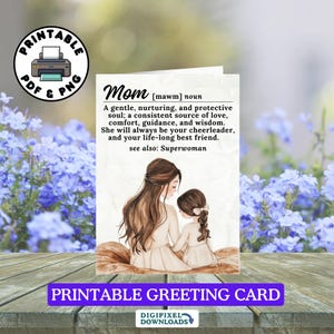 Cartão de felicitações para o Dia das Mães para imprimir, Definição sincera de "mãe", Cartão de aniversário para mãe, Ilustração de mãe e filha, Download digital