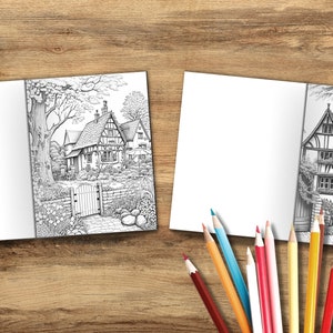 Puede incluir: Dos p&aacute;ginas de libro para colorear en blanco y negro con ilustraciones detalladas de encantadoras casas de campo. La primera p&aacute;gina muestra una casa de campo con un jard&iacute;n y una puerta. La segunda p&aacute;gina muestra una casa de campo con una calle adoquinada y una iglesia en el fondo.