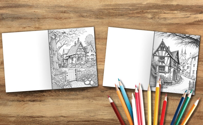 Puede incluir: Dos p&aacute;ginas de libro para colorear en blanco y negro con ilustraciones detalladas de encantadoras casas de campo. La primera p&aacute;gina muestra una casa de campo con un jard&iacute;n y una puerta. La segunda p&aacute;gina muestra una casa de campo con una calle adoquinada y una iglesia en el fondo.
