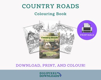 Libro para colorear imprimible de caminos rurales: 30 ilustraciones de casas de pueblo (descarga digital)