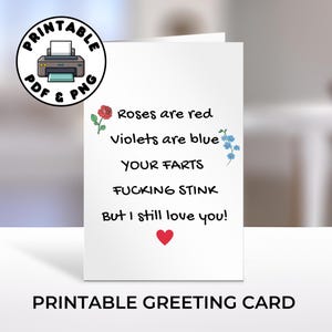 Cartão de amor engraçado para imprimir, rosas são vermelhas, seus peidos fedem, dia dos namorados para namorado, cartão para marido, cartão para namorada, cartão para esposa