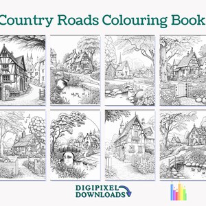 Puede incluir: Un libro para colorear con ocho ilustraciones en blanco y negro de caminos rurales y casas. El libro se titula "Country Roads Coloring Book".
